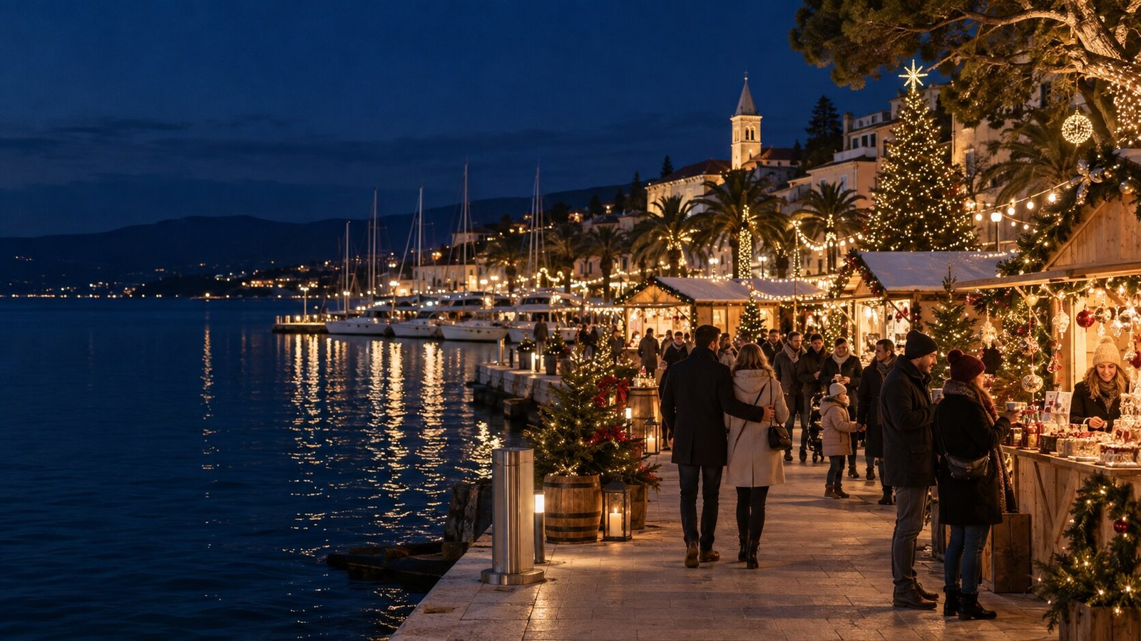 Christmas market beside an Adriatic waterfront