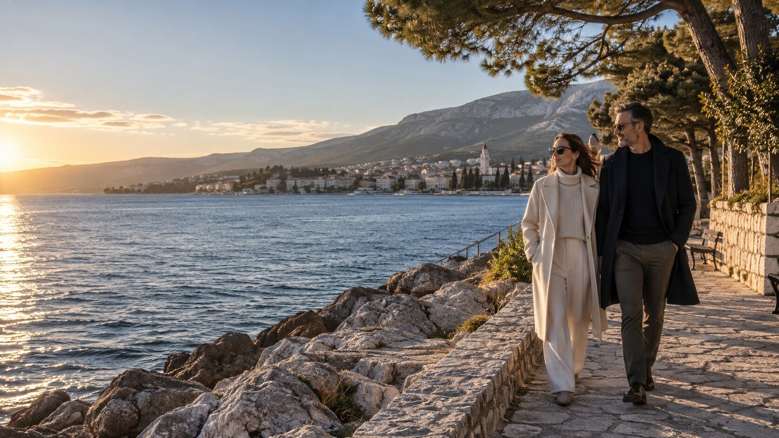 A quiet-season walk beside the Adriatic at golden hour