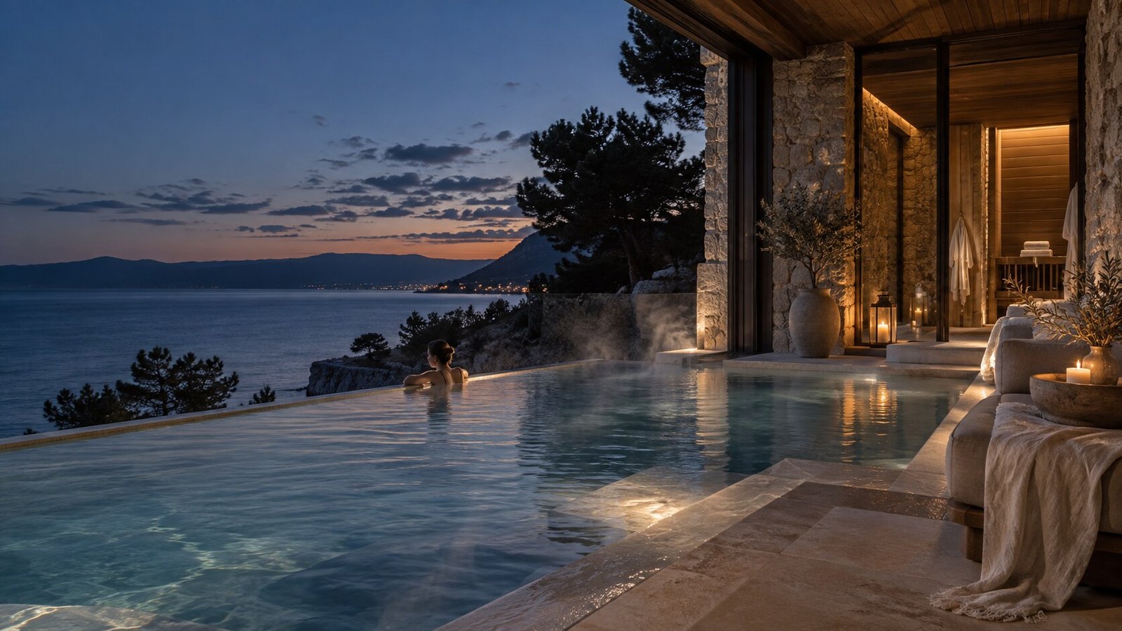 A serene Adriatic wellness retreat at blue hour